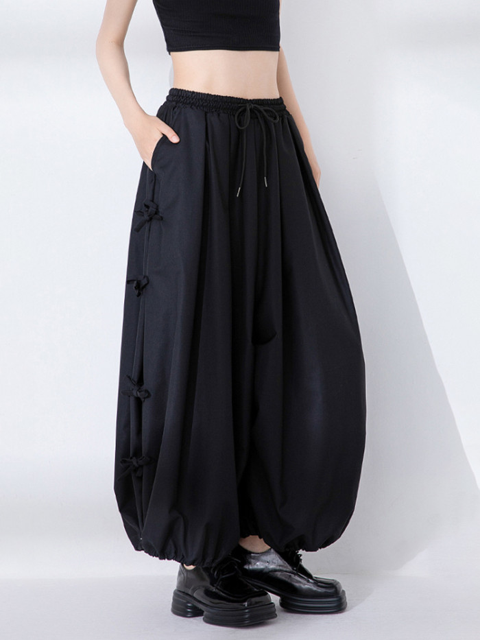 EAM High Elastic Waist Black BANDAGE Wide Leg Pants New Loose Fit Trousers Women Fashion Tide Spring Autumn 2024 31A0010