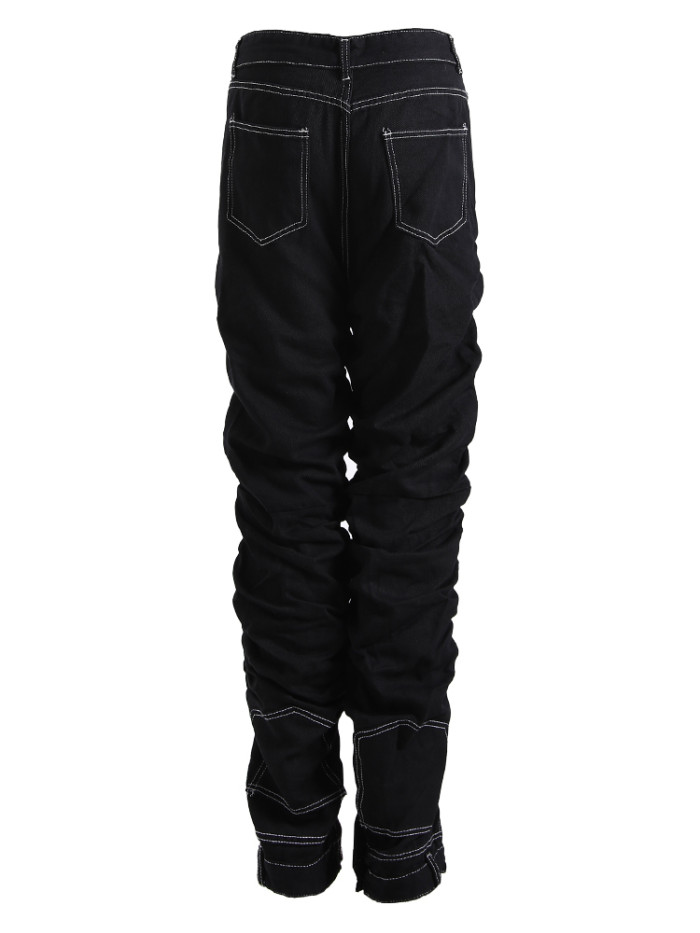 [EAM] High Waist Black Pleated Topstitched Casual Wide Leg Jeans New Women Trousers Fashion Tide Spring Autumn 2024 12A7609
