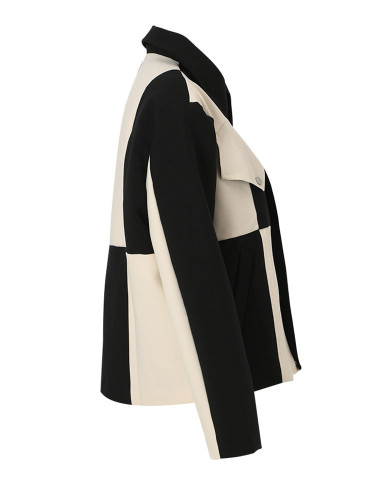 [EAM] Loose Fit Black Color-block Big Size Jacket New Lapel Long Sleeve Women Coat Fashion Tide Spring Autumn  1DF3045