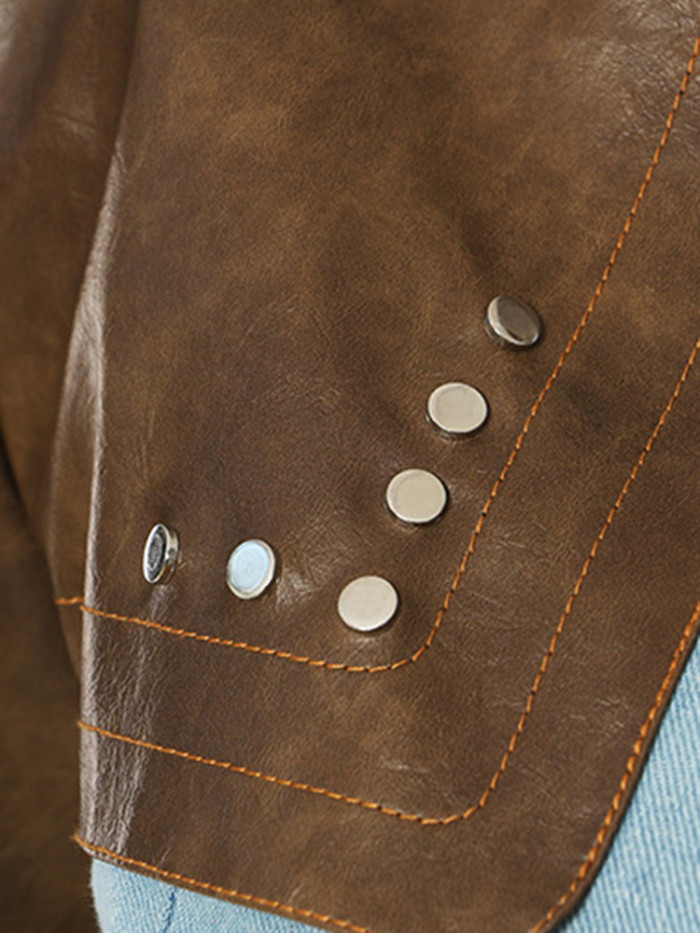 [EAM] Loose Fit Leather Color-block Denim Blue Jacket New Stand Collar Long Sleeve Women Coat Fashion Spring Autumn 2024 1DF0702