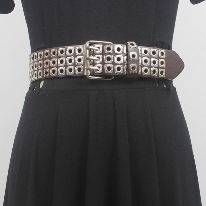 [EAM] Pu Leather Black Rievt Thick Long Wide Vintage Belt Personality Women New Fashion All-match Spring Autumn 2024 1DH6357