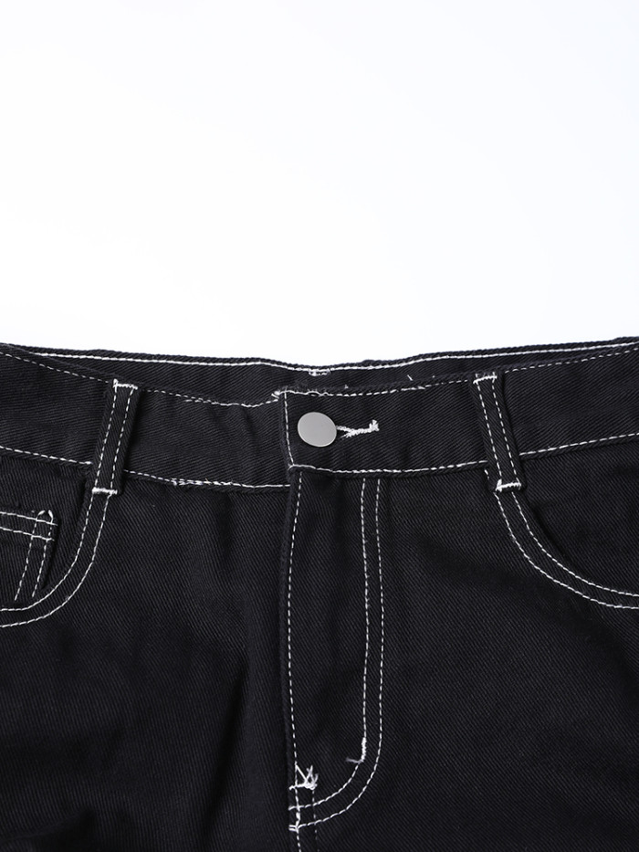 [EAM] High Waist Black Pleated Topstitched Casual Wide Leg Jeans New Women Trousers Fashion Tide Spring Autumn 2024 12A7609