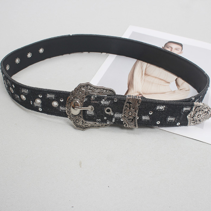 [EAM] Pu Leather Blue Denim Burr Vintage Long Belt Personality Women New Fashion Tide All-match Spring Autumn 2024 1DH6637