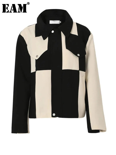 [EAM] Loose Fit Black Color-block Big Size Jacket New Lapel Long Sleeve Women Coat Fashion Tide Spring Autumn  1DF3045
