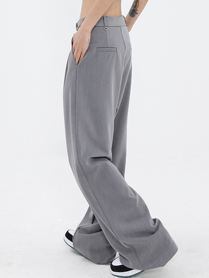 [EAM] High Waist Gray Hollow Out Zipper Wide Leg Pants New Loose Fit Trousers Women Fashion Tide Spring Autumn  1DF6568