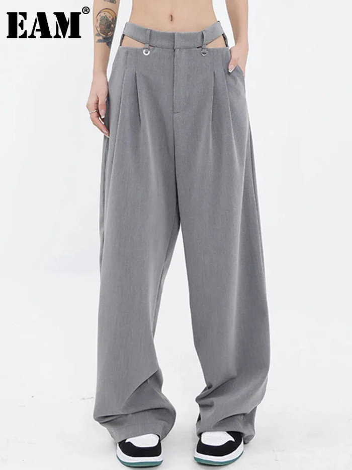 [EAM] High Waist Gray Hollow Out Zipper Wide Leg Pants New Loose Fit Trousers Women Fashion Tide Spring Autumn  1DF6568