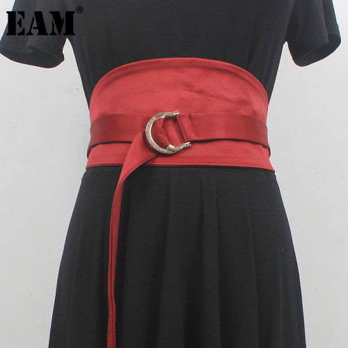 [EAM] Red Embroidery Irregular Back Elastic Wide Belt Personality Women New Fashion Tide All-match Spring Autumn 2024 1DH6361