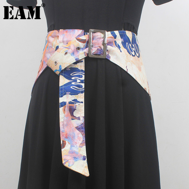 [EAM] Colorful Pattern Printed Irregular Wide Long Belt Personality Women New Fashion Tide All-match Spring Autumn 2024 1DH6358