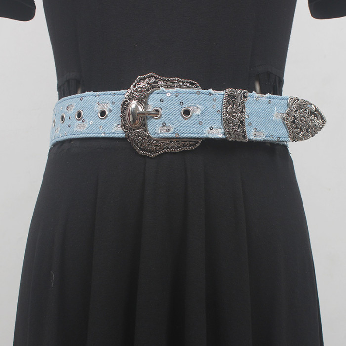 [EAM] Pu Leather Blue Denim Burr Vintage Long Belt Personality Women New Fashion Tide All-match Spring Autumn 2024 1DH6637