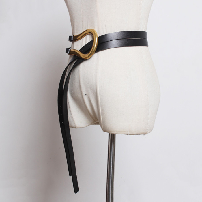 [EAM] Pu Leather Black Buckle Long Irregular Wide Belt Personality Women New Fashion Tide All-match Spring Autumn 2024 1DH6487