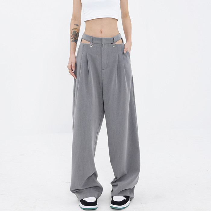[EAM] High Waist Gray Hollow Out Zipper Wide Leg Pants New Loose Fit Trousers Women Fashion Tide Spring Autumn  1DF6568