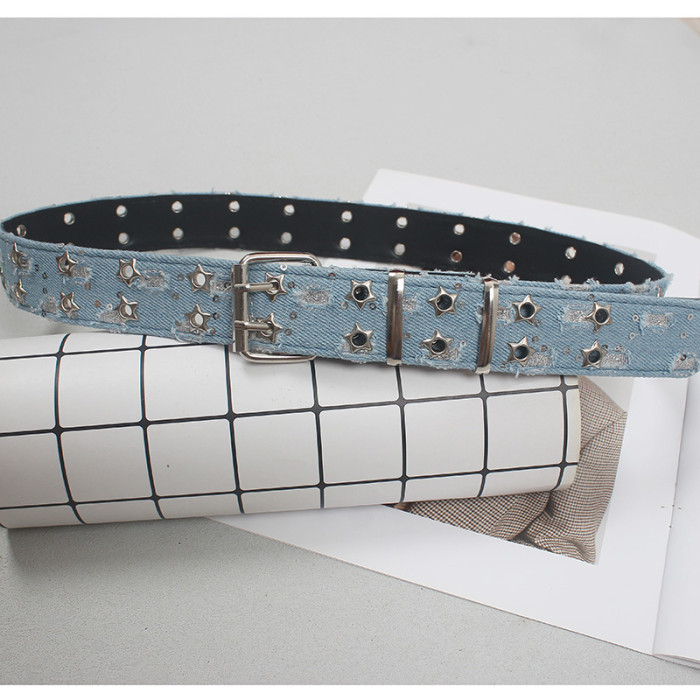[EAM] Pu Leather Blue Denim Hollow Out Long Vintage Belt Personality Women New Fashion Tide All-match Spring Autumn 2024 1DH6638