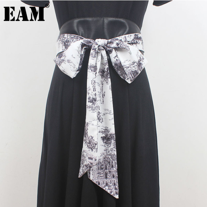 [EAM] Pu Leather Black Printed Bandage Long Wide Belt Personality Women New Fashion Tide All-match Spring Autumn 2024 1DH6363