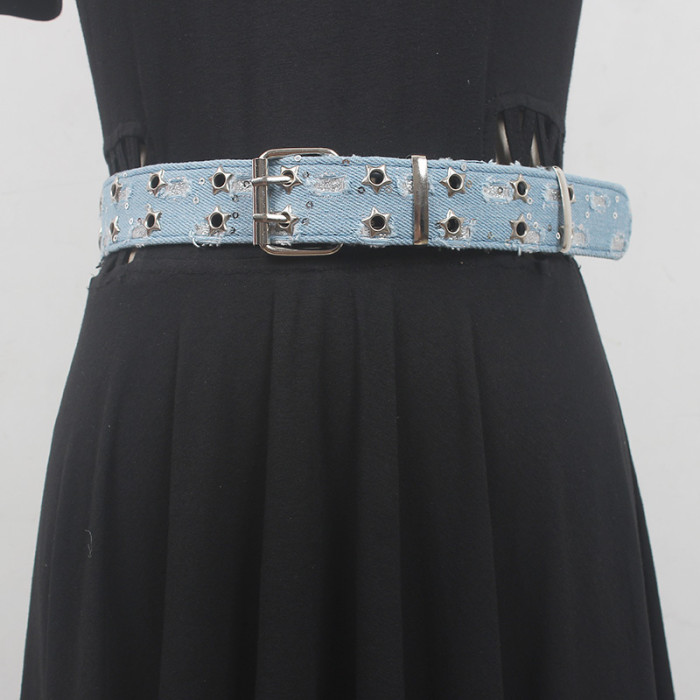 [EAM] Pu Leather Blue Denim Hollow Out Long Vintage Belt Personality Women New Fashion Tide All-match Spring Autumn 2024 1DH6638