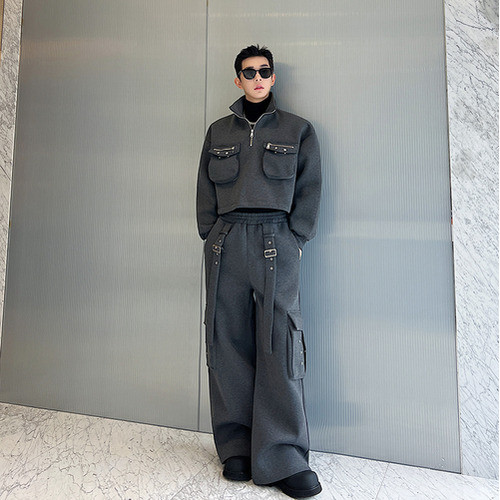 {EAM} Street Men's Stylish Two Piece Set High Quality Pockets Splicing Design Tops Casual Cargo Pants Clothes Loose  DLZ048