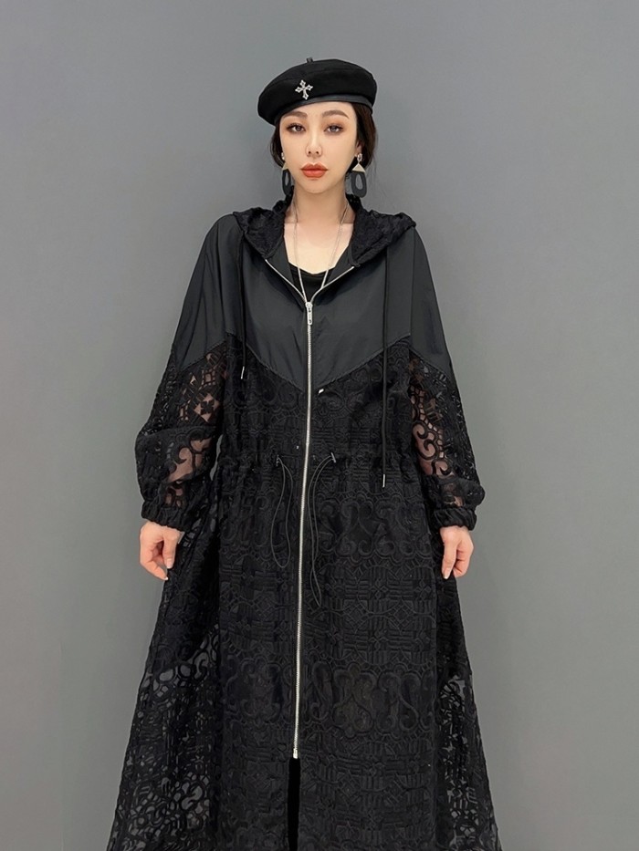 {EAM} Woman Hollow Out Printing Hooded Trench Coat Loose Zipper Cardigan Black Coat Outerwear Clothes 2024 Spring 5R1164
