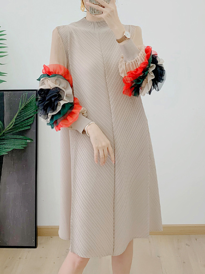 LANMREM Fashion Designer Pleated Dress Women Loose Contrast Color Sleeves Patchwork Design Mid Length Dresses 2024 New 2AA4368