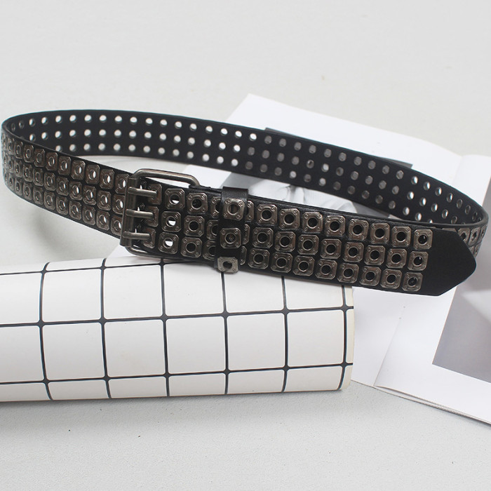 [EAM] Pu Leather Black Rievt Thick Long Wide Vintage Belt Personality Women New Fashion All-match Spring Autumn 2024 1DH6357
