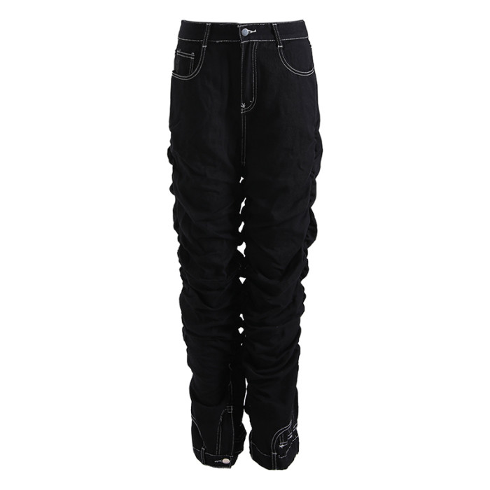 [EAM] High Waist Black Pleated Topstitched Casual Wide Leg Jeans New Women Trousers Fashion Tide Spring Autumn 2024 12A7609