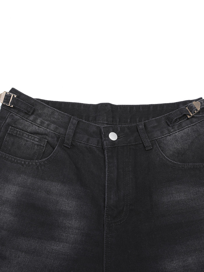 [EAM] High Waist Black Burr Pockets Vintage Casual Wide Leg Jeans New Women Trousers Fashion Tide Spring Autumn 2024 9A8628