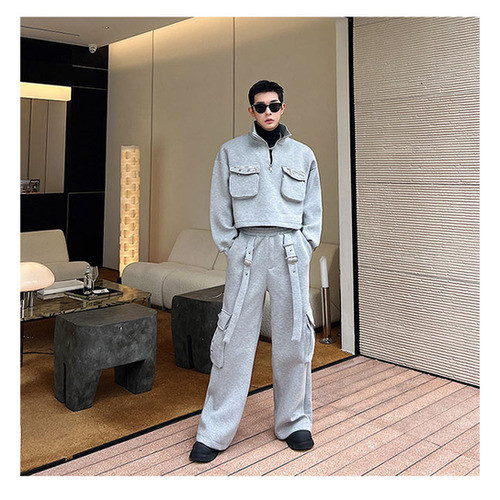 {EAM} Street Men's Stylish Two Piece Set High Quality Pockets Splicing Design Tops Casual Cargo Pants Clothes Loose  DLZ048