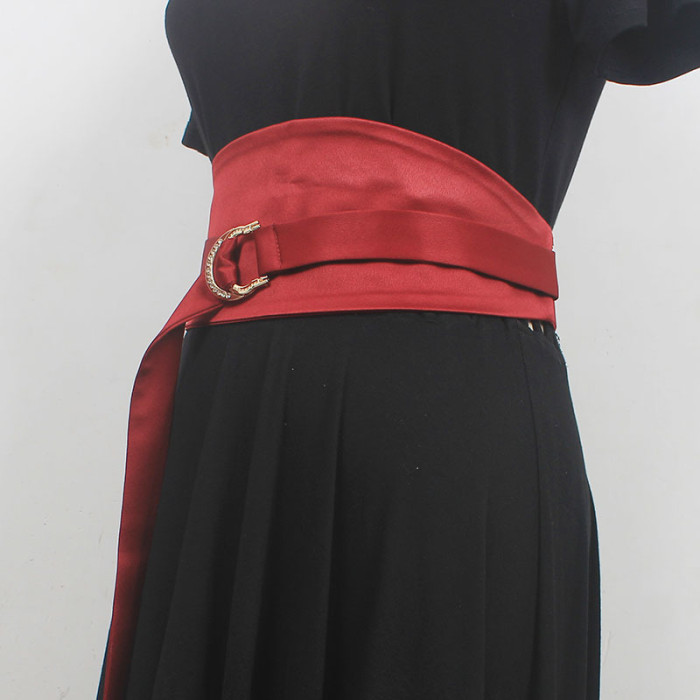 [EAM] Red Embroidery Irregular Back Elastic Wide Belt Personality Women New Fashion Tide All-match Spring Autumn 2024 1DH6361