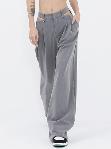 [EAM] High Waist Gray Hollow Out Zipper Wide Leg Pants New Loose Fit Trousers Women Fashion Tide Spring Autumn  1DF6568