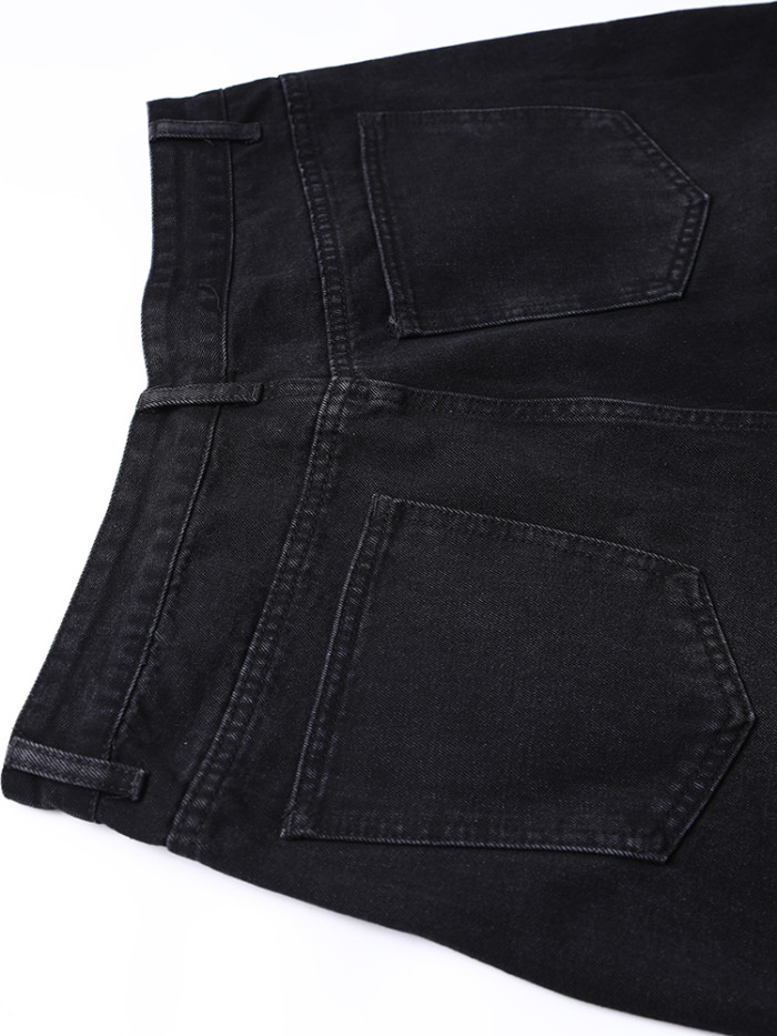 [EAM] High Waist Dark Gray Pocket Buckle Casual Wide Leg Jeans New Women Trousers Fashion Tide Spring Autumn 2024 9A5577