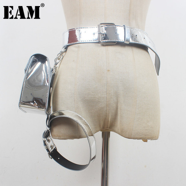 [EAM] Pu Leather Silver Color Irregular Mini-bag Long Belt Personality Women New Fashion All-match Spring Autumn 2024 1DH6356