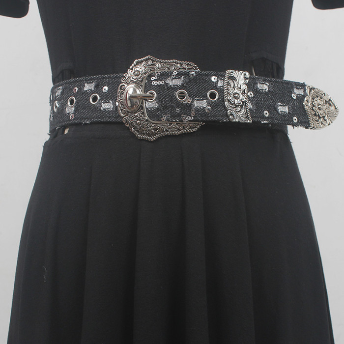 [EAM] Pu Leather Blue Denim Burr Vintage Long Belt Personality Women New Fashion Tide All-match Spring Autumn 2024 1DH6637