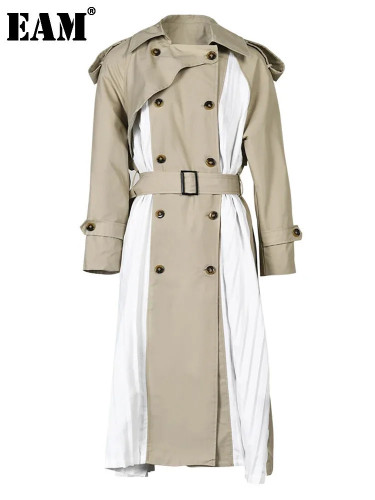 [EAM] Women Khaki Pleated Big Size Long Trench New Lapel Long Sleeve Loose Fit Windbreaker Fashion Spring Autumn 2024  1DF0722
