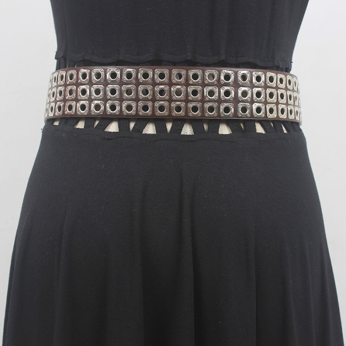 [EAM] Pu Leather Black Rievt Thick Long Wide Vintage Belt Personality Women New Fashion All-match Spring Autumn 2024 1DH6357