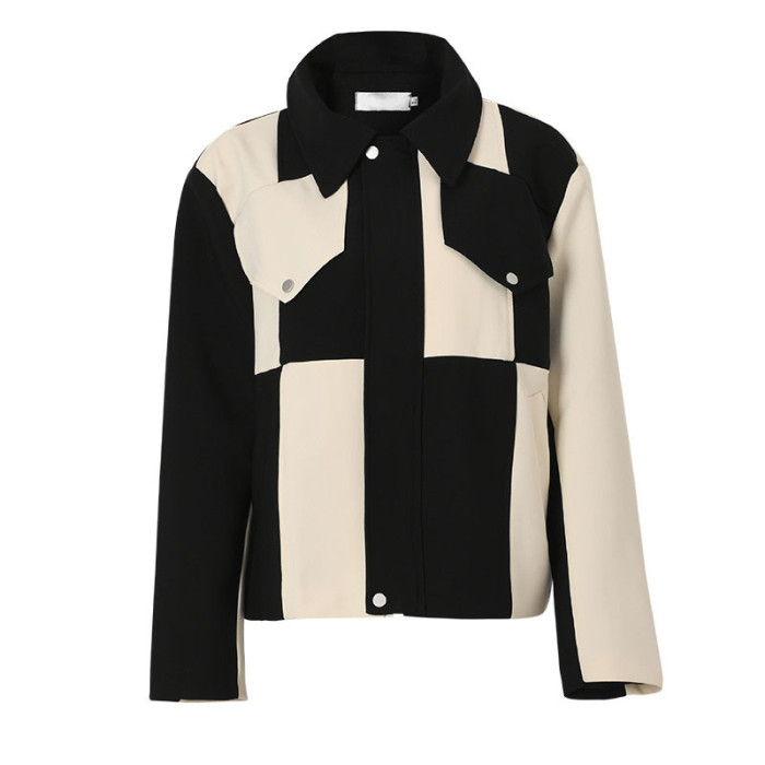 [EAM] Loose Fit Black Color-block Big Size Jacket New Lapel Long Sleeve Women Coat Fashion Tide Spring Autumn  1DF3045