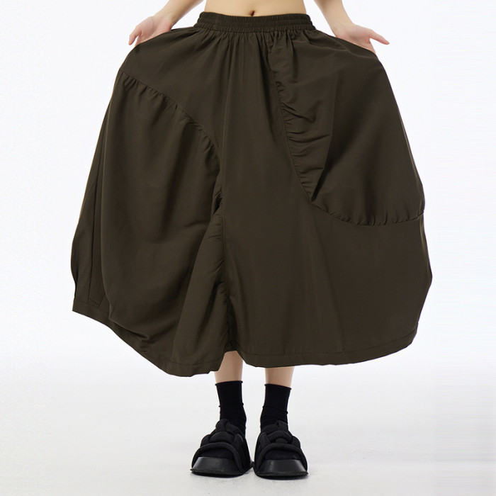 [EAM] High Elastic Waist Coffee Irregular Pleated Casual Midi Half-body Skirt Women Fashion Tide New Spring Autumn 2024 1DH6613