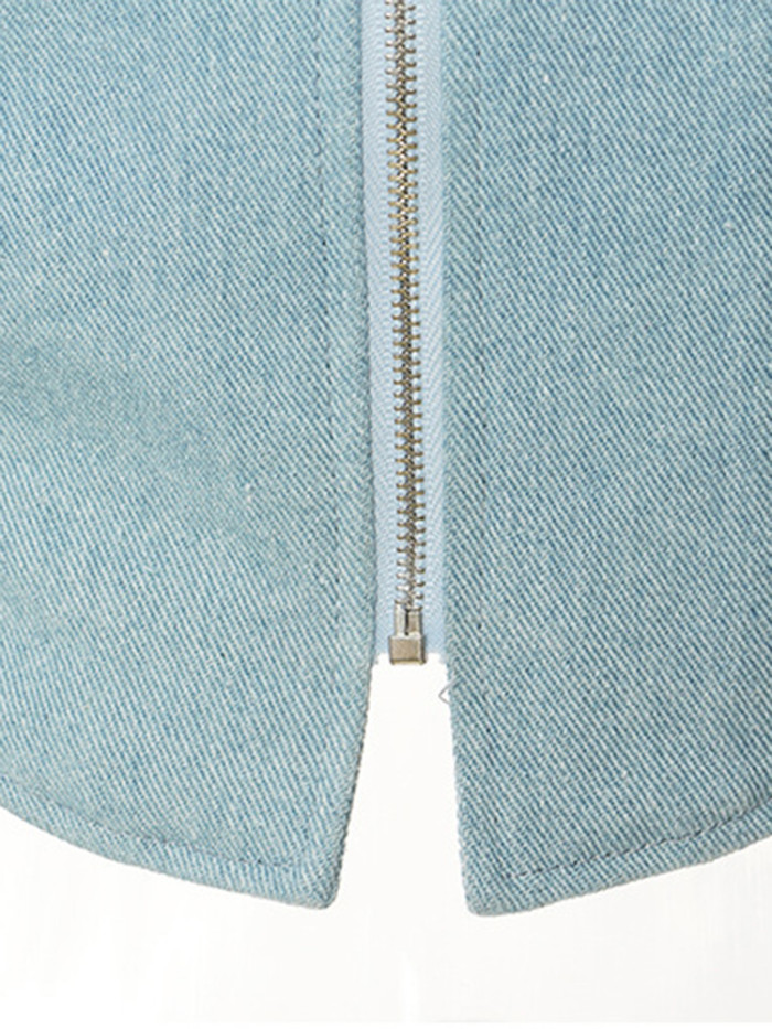 [EAM] Loose Fit Leather Color-block Denim Blue Jacket New Stand Collar Long Sleeve Women Coat Fashion Spring Autumn 2024 1DF0702
