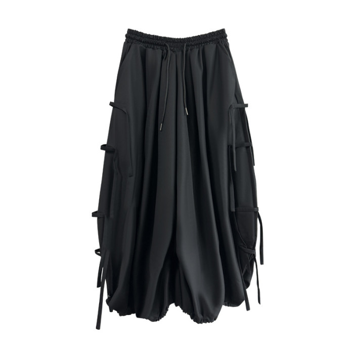 EAM High Elastic Waist Black BANDAGE Wide Leg Pants New Loose Fit Trousers Women Fashion Tide Spring Autumn 2024 31A0010