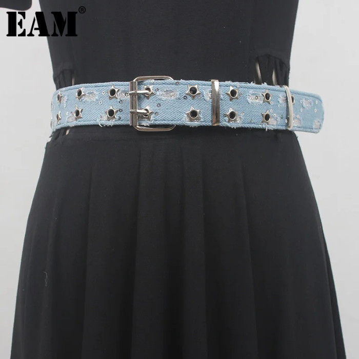 [EAM] Pu Leather Blue Denim Hollow Out Long Vintage Belt Personality Women New Fashion Tide All-match Spring Autumn 2024 1DH6638