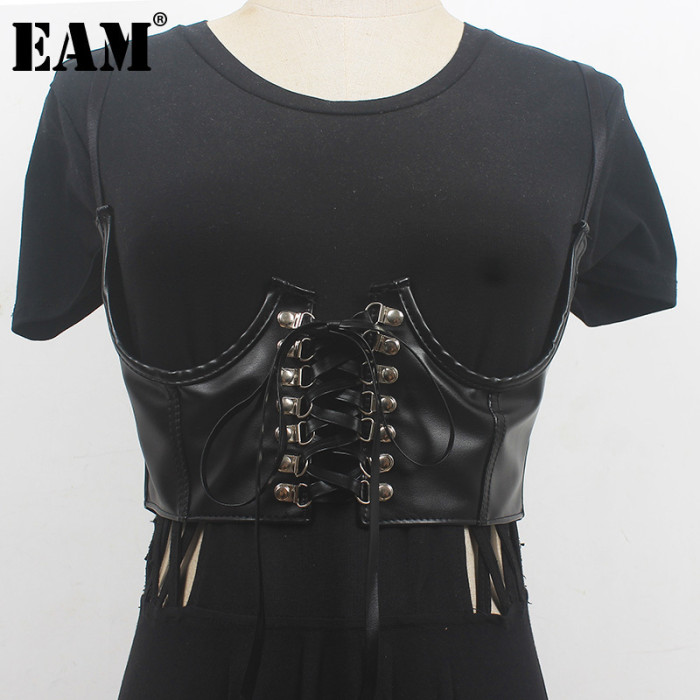 [EAM] Pu Leather Black Buckle Bandage Strap Belt Personality Women New Fashion Tide All-match Spring Autumn 2024 1DH6359