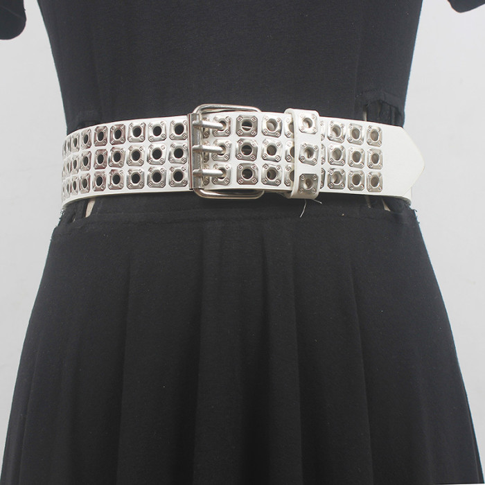 [EAM] Pu Leather Black Rievt Thick Long Wide Vintage Belt Personality Women New Fashion All-match Spring Autumn 2024 1DH6357