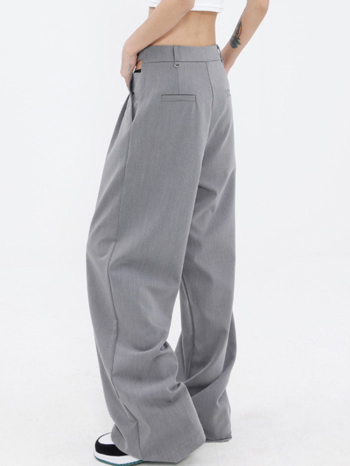 [EAM] High Waist Gray Hollow Out Zipper Wide Leg Pants New Loose Fit Trousers Women Fashion Tide Spring Autumn  1DF6568