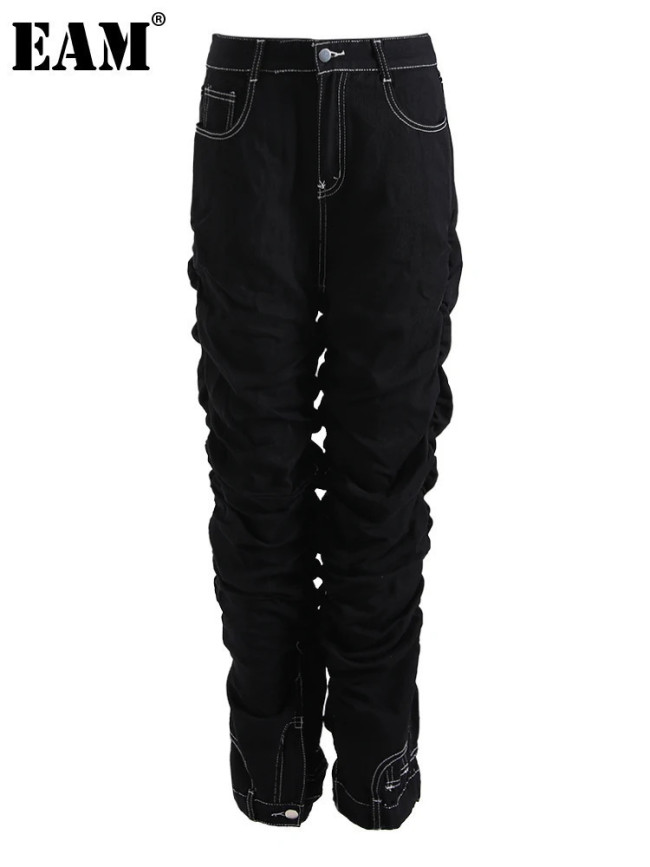 [EAM] High Waist Black Pleated Topstitched Casual Wide Leg Jeans New Women Trousers Fashion Tide Spring Autumn 2024 12A7609