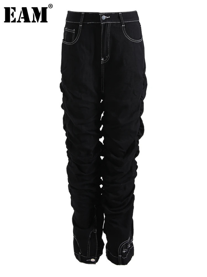 [EAM] High Waist Black Pleated Topstitched Casual Wide Leg Jeans New Women Trousers Fashion Tide Spring Autumn 2024 12A7609