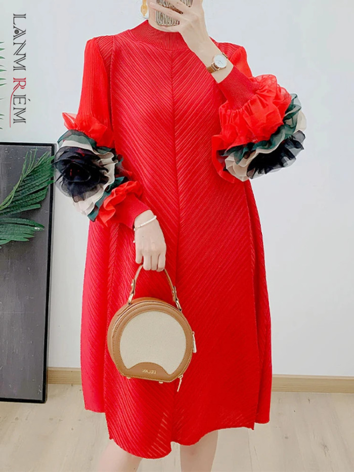 LANMREM Fashion Designer Pleated Dress Women Loose Contrast Color Sleeves Patchwork Design Mid Length Dresses 2024 New 2AA4368