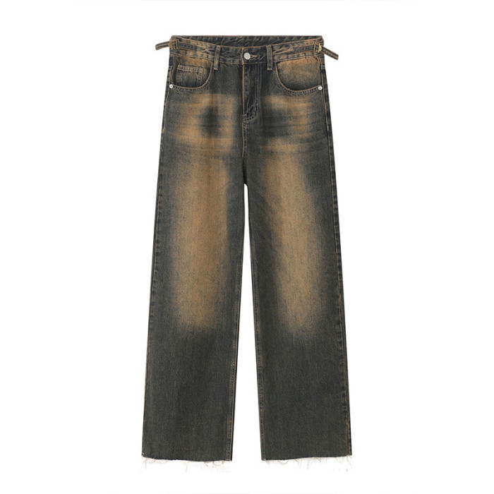 [EAM] High Waist Black Burr Pockets Vintage Casual Wide Leg Jeans New Women Trousers Fashion Tide Spring Autumn 2024 9A8628