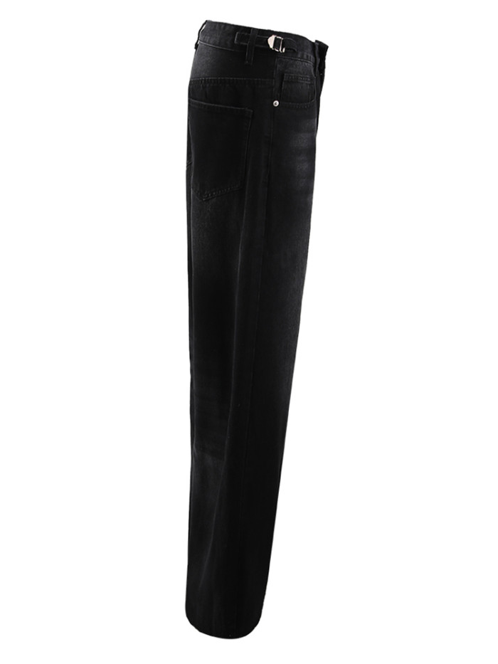 [EAM] High Waist Black Burr Pockets Vintage Casual Wide Leg Jeans New Women Trousers Fashion Tide Spring Autumn 2024 9A8628