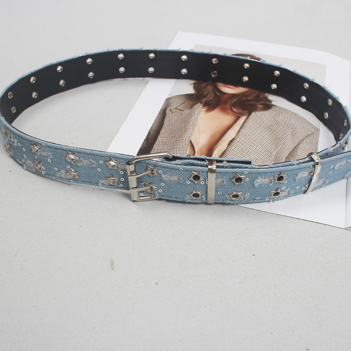 [EAM] Pu Leather Blue Denim Hollow Out Long Vintage Belt Personality Women New Fashion Tide All-match Spring Autumn 2024 1DH6638