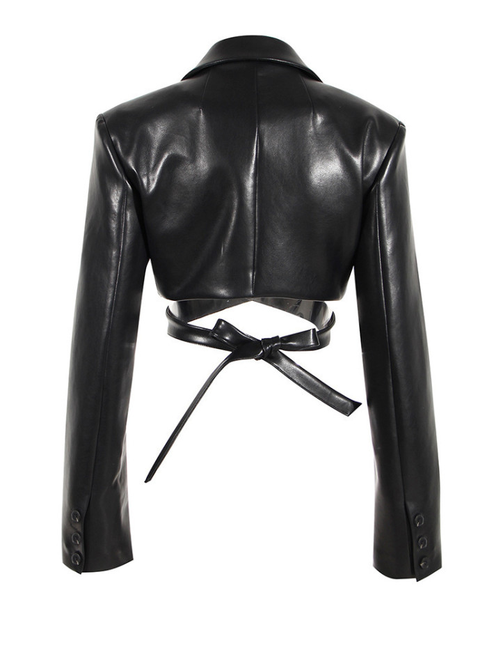 [EAM] Loose Fit Black Cross Bandage Short Pu Leather Jacket New Lapel Long Sleeve Women Coat Fashion Spring Autumn 2024 17A2947