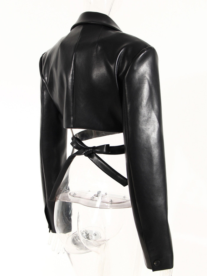 [EAM] Loose Fit Black Cross Bandage Short Pu Leather Jacket New Lapel Long Sleeve Women Coat Fashion Spring Autumn 2024 17A2947