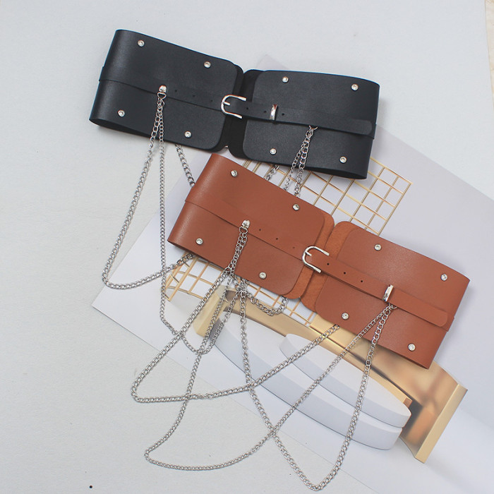[EAM] Pu Leather Camel Metal Chain Long Wide Belt Personality Women New Fashion Tide All-match Spring Autumn 2024 1DH6354