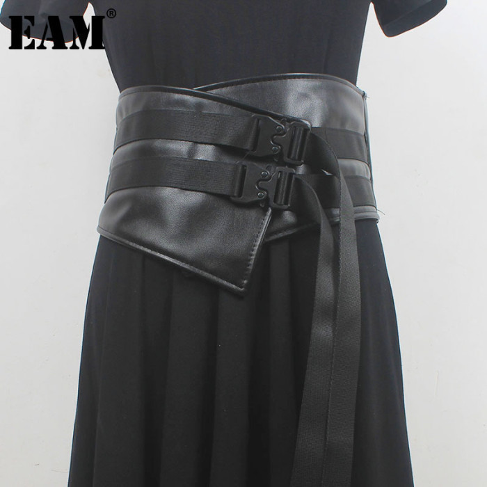 [EAM] Pu Leather Black Irregular Wide Buckle Belt Personality Women New Fashion Tide All-match Spring Autumn 2024 1DH5542